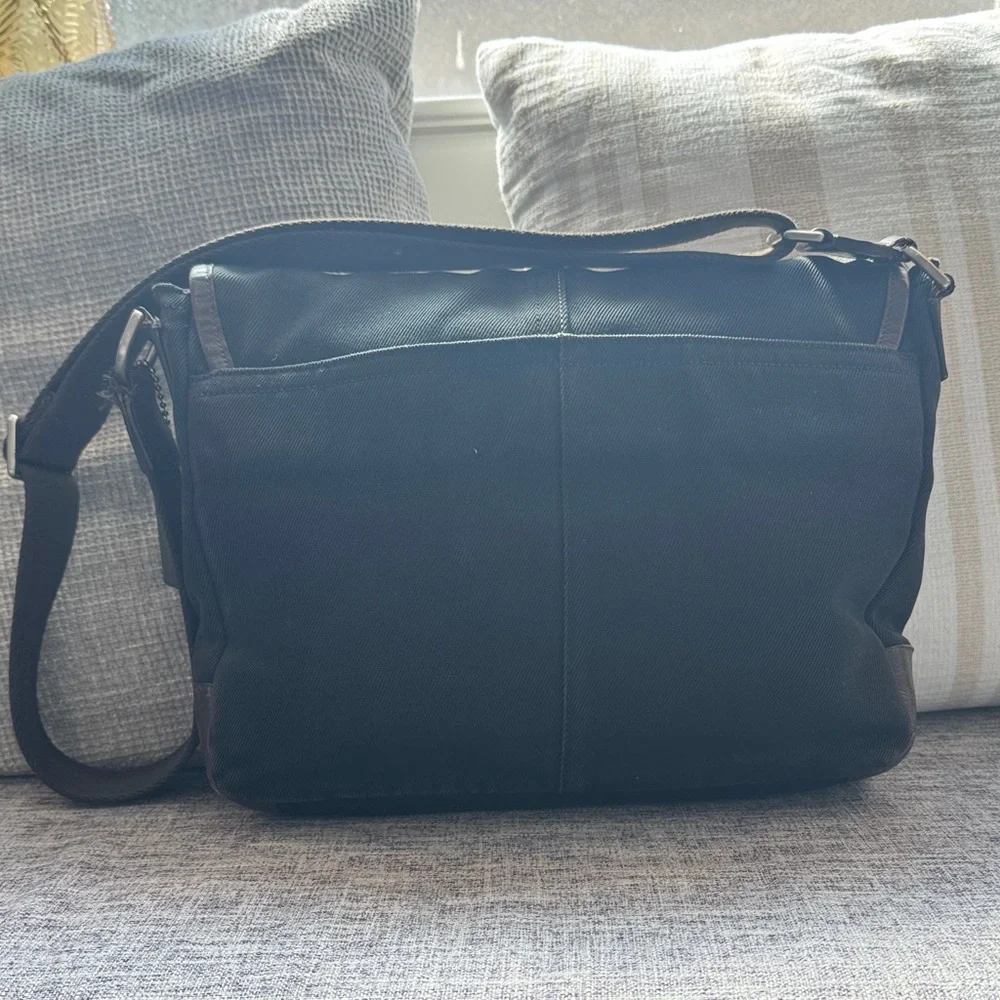 Coach Black Messenger Bag with Brown Leather Trimming & Brown Handle